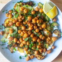crisped chickpeas with herbs and garlic yogurt